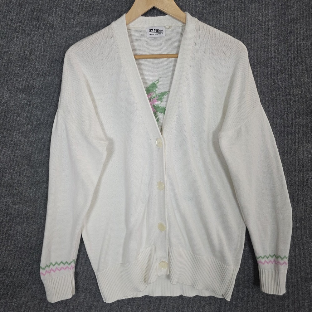 27 Miles Malibu Intarsia Palm Tree Cardigan Sweater XS Ivory Pink Revolve Beachy - Picture 2 of 8